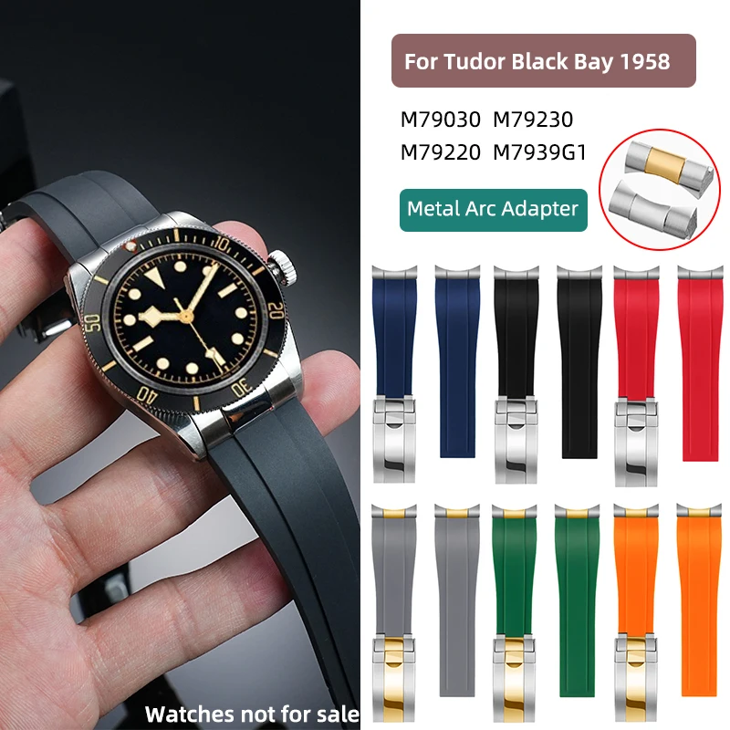 20mm 21mm 22mm For Tudor Heritage Black Bay Panda Chrono Black Shield Rubber Strap Curved End Link M79363 M7939G1 Folding buckle