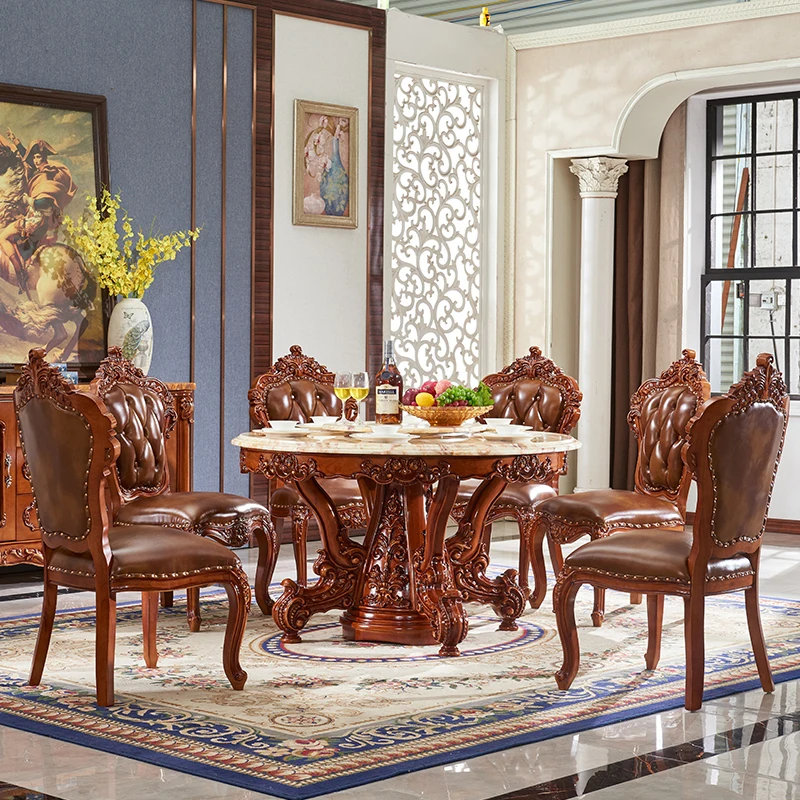 European round table all solid wood American retro dining table home marble dining table and chair combination