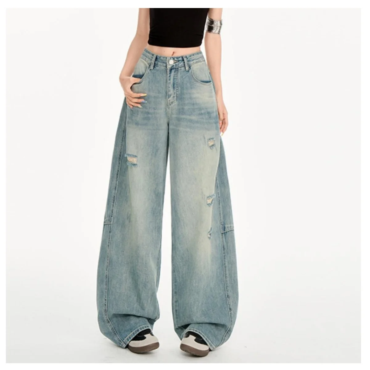 

Fashionable Wide-Leg Jeans High-Waisted Loose Slim Nostalgic Straight Pants Street Style Women's Trousers