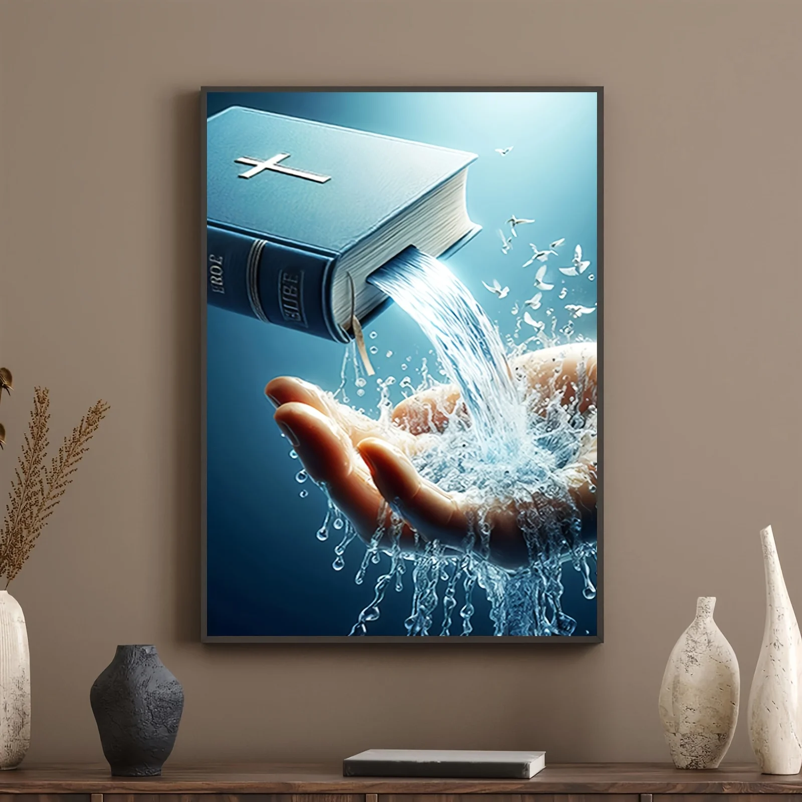 1pc frameless Canvas Painting Inspirational Holy Bible Canvas Wall Art-Frameless Christian Water and Book Poster,Ideal for Bedro