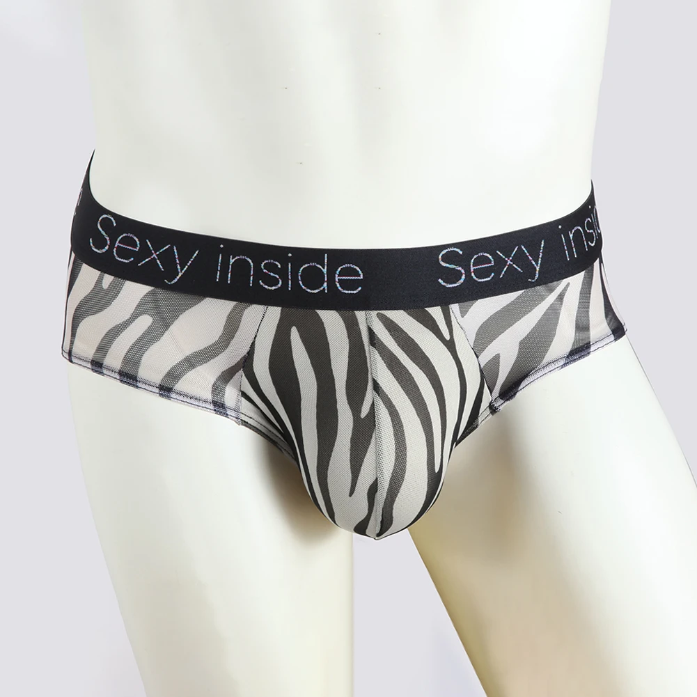 Mens Sexy Mesh Boxer Briefs See Through Striped Printed Underwear Man Low Rise Penis Pouch Underpants Male Sexy Leopard Panties