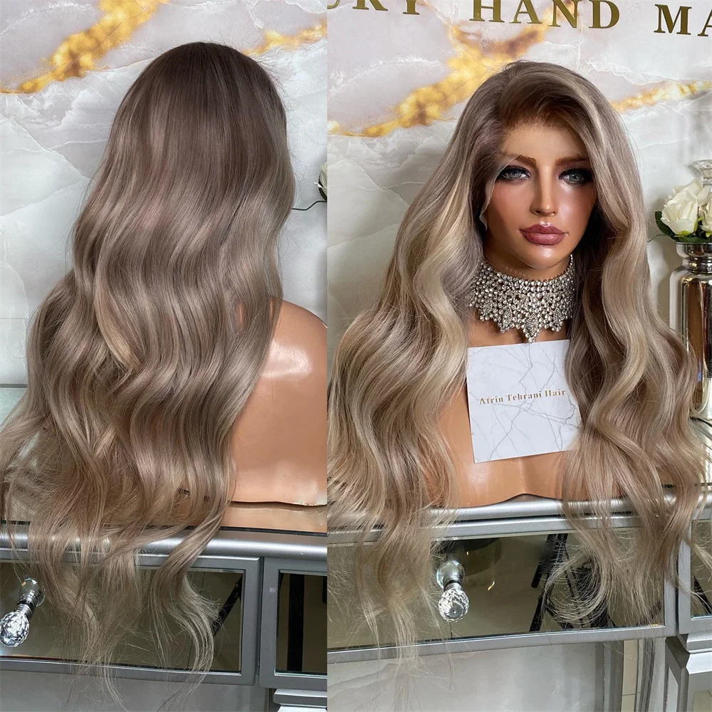 Long Wavy Synthetic Lace Front Wig Balayage Dirty Blonde Hair HD Lace Wigs with Dark Roots Women's Party Cosplay Wig Free Style