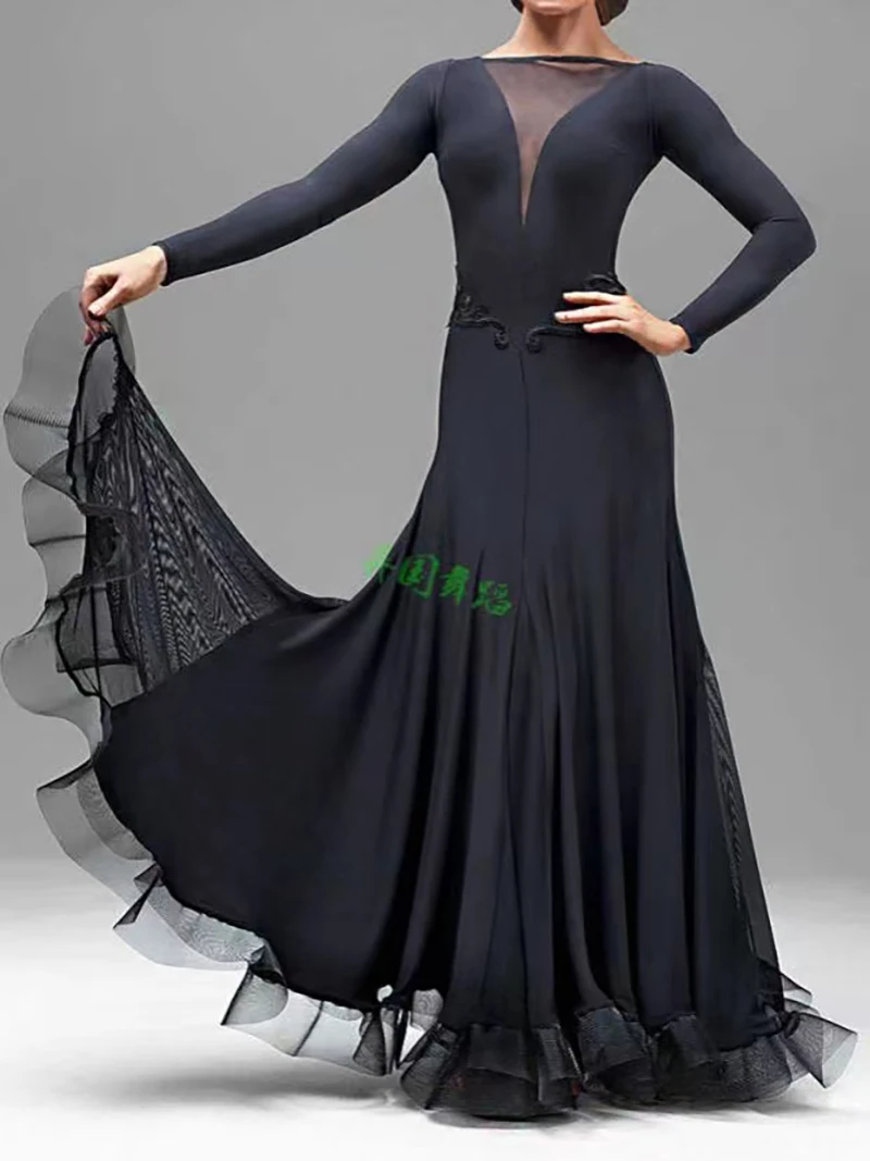 Black Ballroom Competition Dance Dresses Women High Quality Flamenco Skirt Lady's Elegant Long Sleeve Standard Ballroom Dress