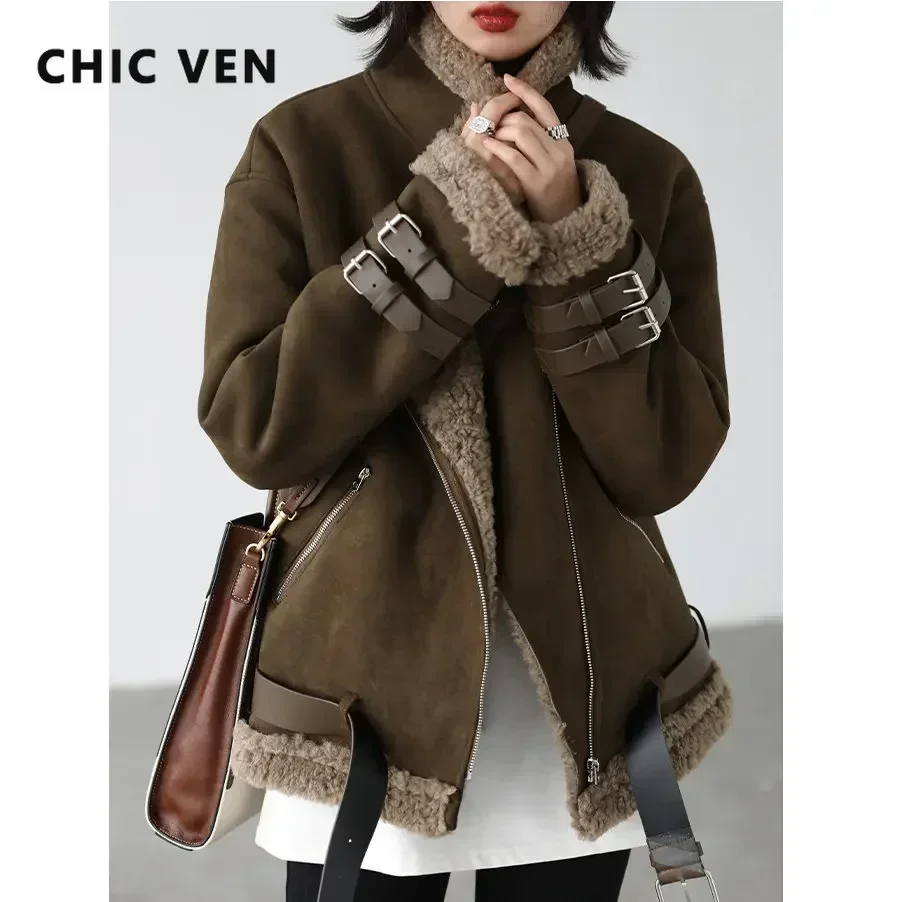 CHIC VEN Women Jackets Thick Warm Streetwear Coats Retro Motorcycle Overcoat Plush Jacket Woman Windbreaker Autumn Winter 2024