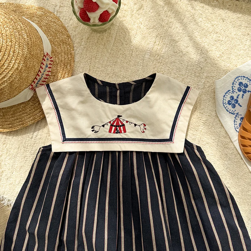 Children's clothing retro striped navy lapel western-style girls' dress circus sleeveless baby dress