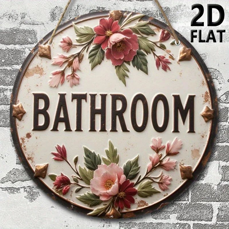 2D flaches rundes Badezimmerschild aus Holz – rosa floraler weißer Hintergrund, Retro-Wanddekoration, künstlerische Dekoration im Landhausstil