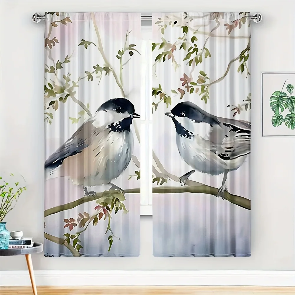 2-teiliges Vorhang-Set mit realistischen Aquarell-Vögeln, botanischer Natur- und Frühlingsstil, Vorhänge für Wohnzimmer, Schlafzimmer, Fensterdekoration