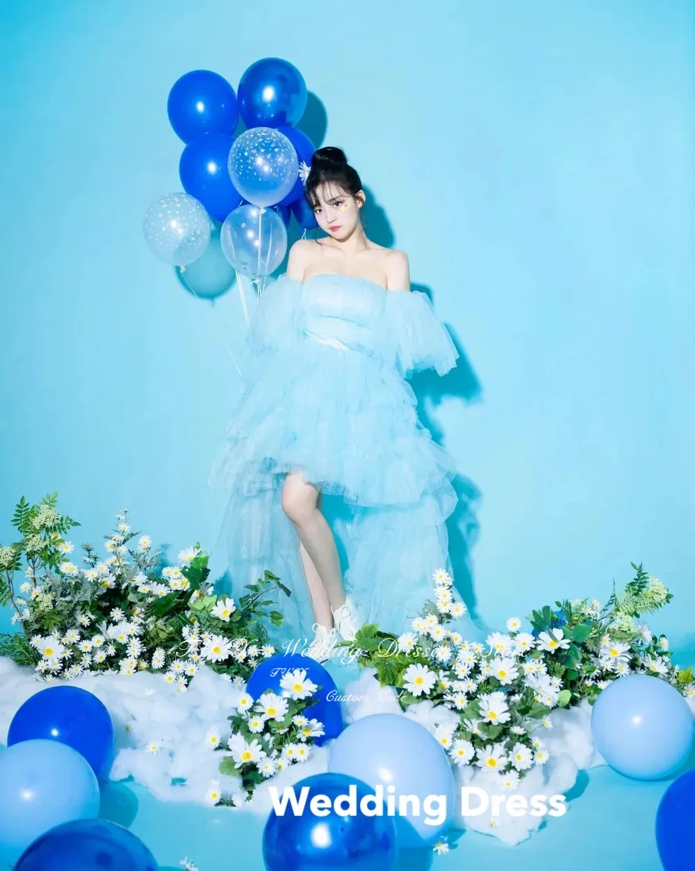TULX Fee Blauwe Off Schouder Trouwjurk Korea Fotoshoot Bladerdeeg Mouw Bruidsjurk Een Lijn Verjaardagsfeestje Jurk Aangepaste 2025