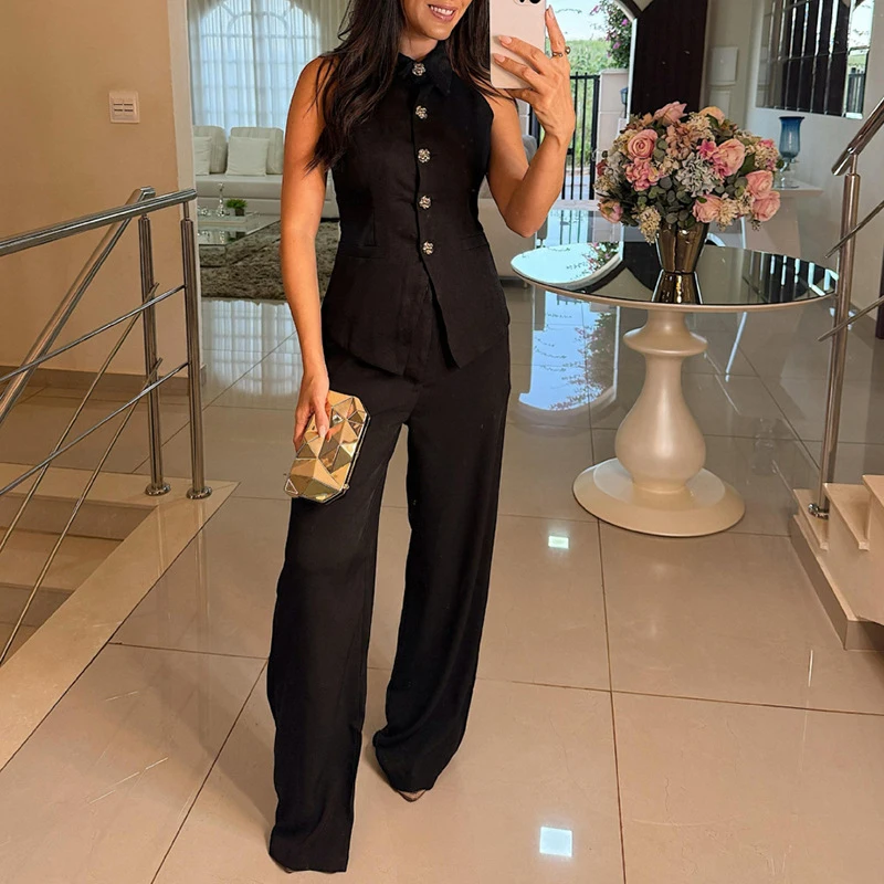 

Summer Straight Suit Pants 2 Piece Office Lady Solid Color Sleeveless Vest Top & High Waist Pants Suit New Elegant Women Outfits