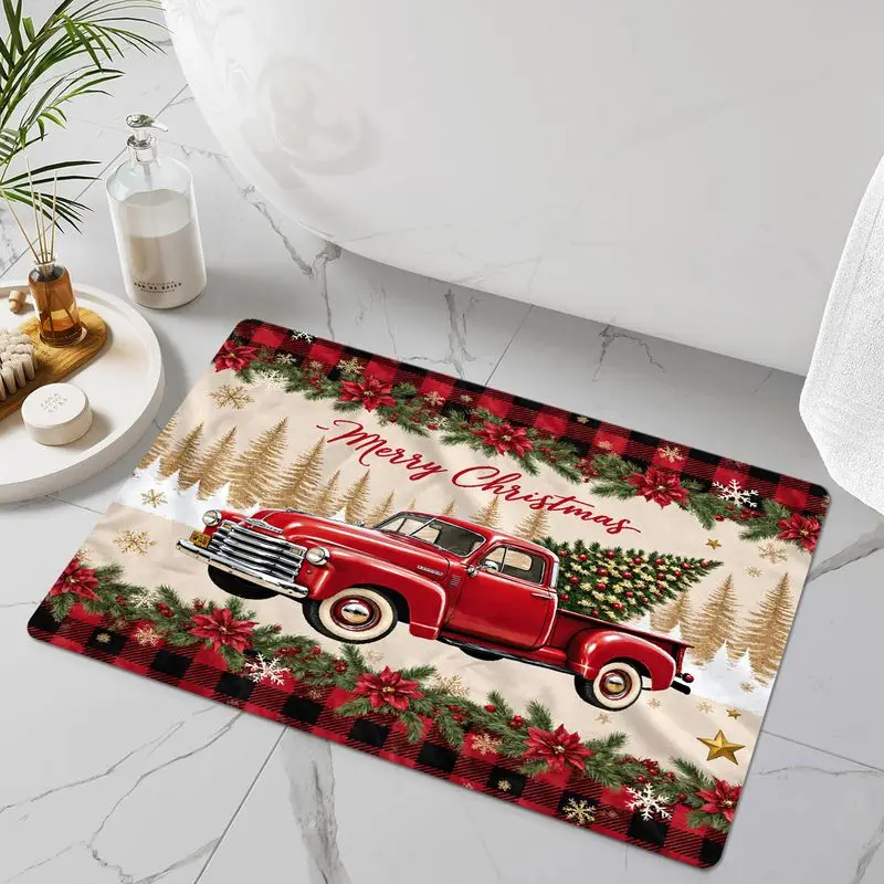 VIKAMA Red Truck Christmas Bathroom Rug Set 3 Piece Tree Print Non Slip Bath Mat Toilet Cover For Bathroom Holiday Decor