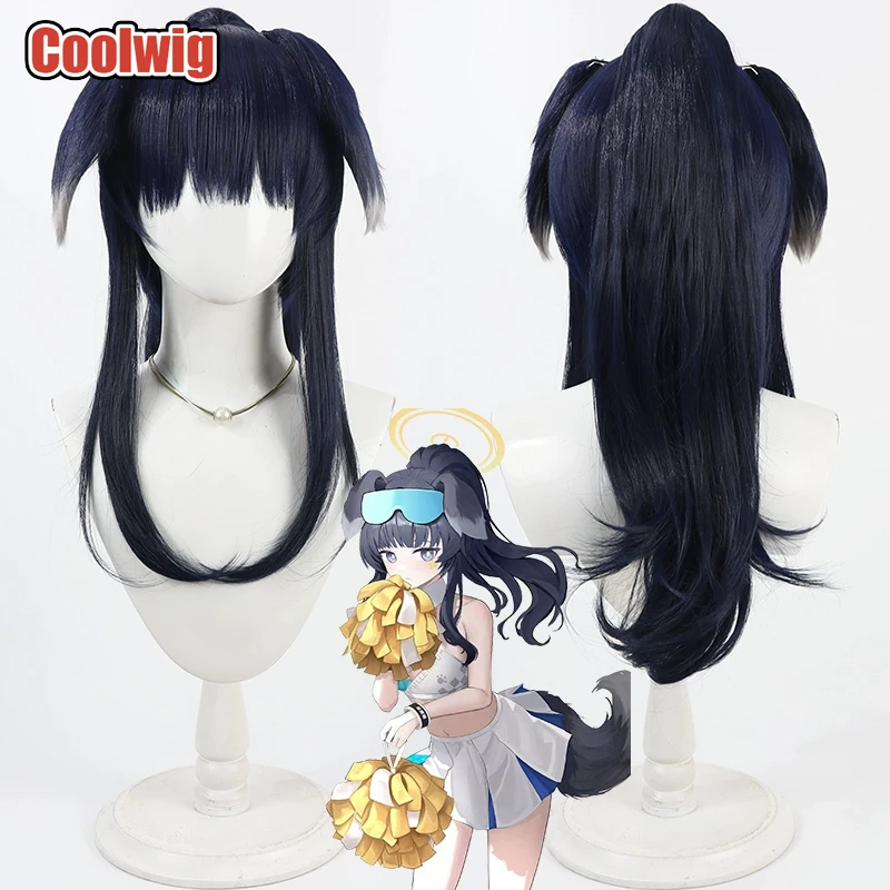 Coolwig Synthetic Hair Nekozuka Hibiki Cosplay Wigs Game Blue Archive Nekozuka Hibiki Long Dark Blue Ponytail Wig Heat Resistant