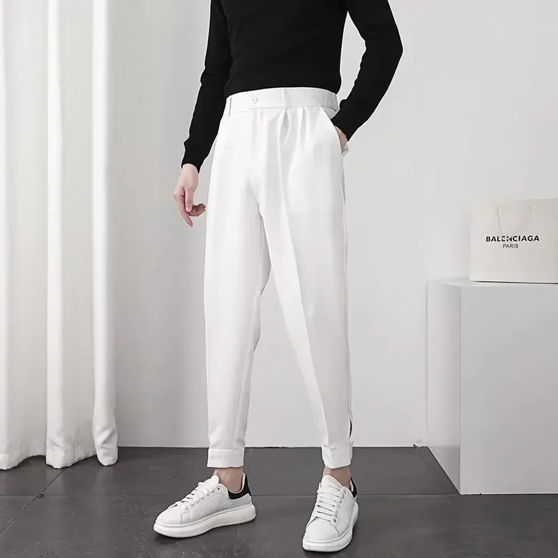 Fashion Men Casual Pants Elastic Waist Small Feet Slim Korean Style Pleated Tapered Male Blazer Pants Trousers Streetwear  Factory Bulk Wholesale Affordable Denim Pants, Casual Loose Washed Long Trousers