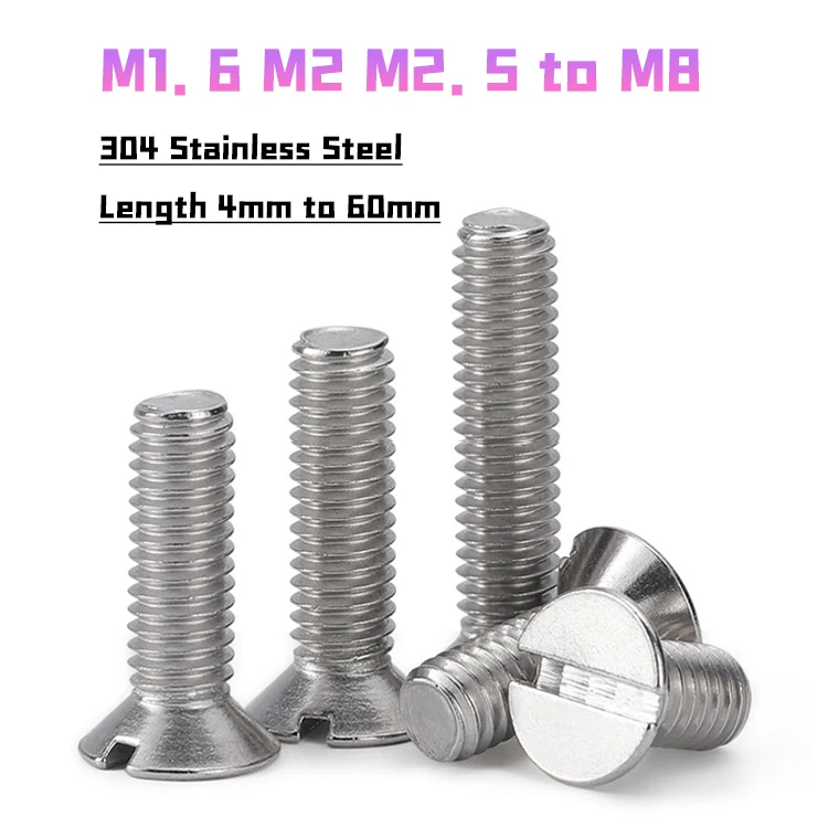 M1.6 M2 M2.5 M3 M4 M5 M6 M8 GB68 304 Stainless Steel Slotted Flat Countersunk Head Machine Screw Bolt Length 4mm to 60mm