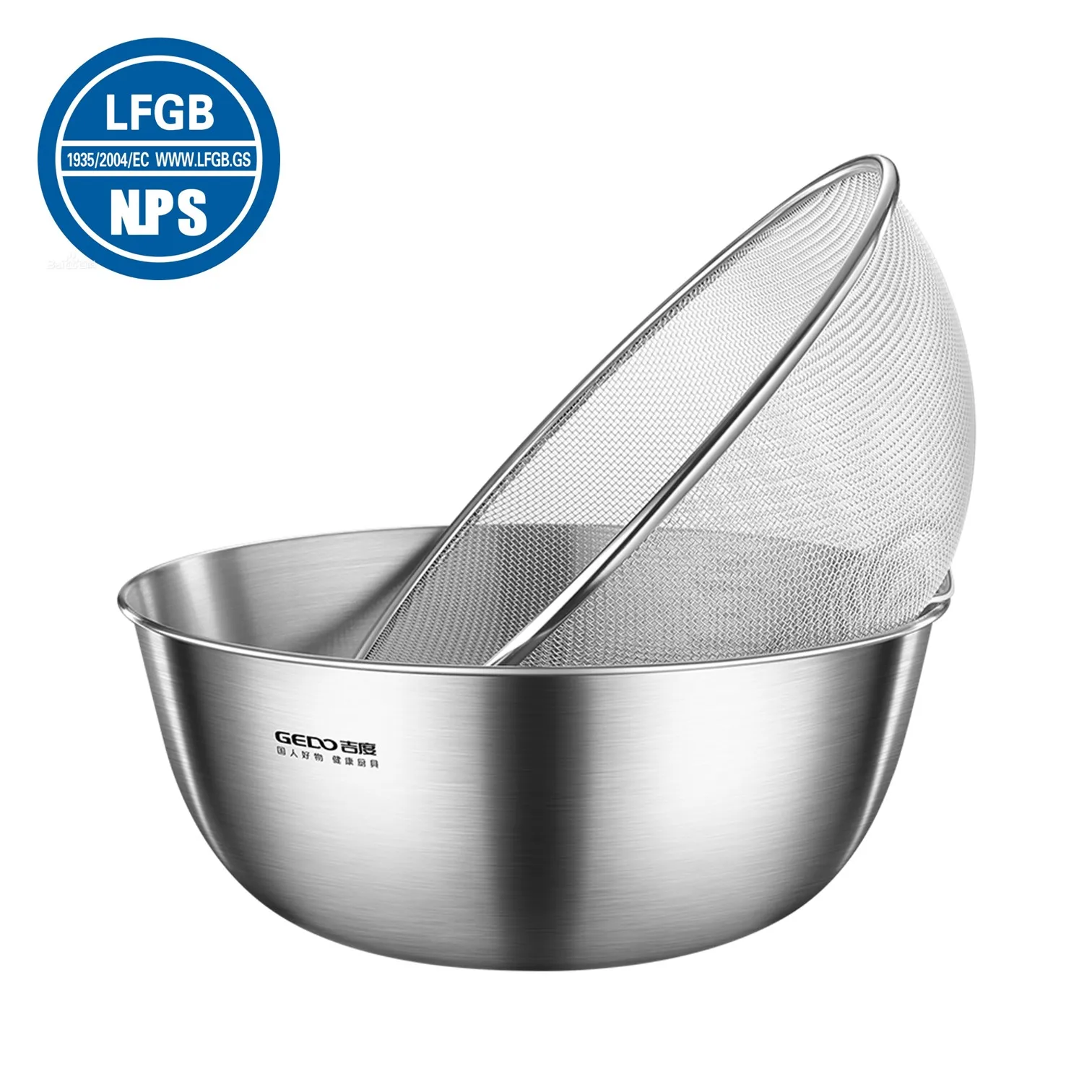 

LFGB Certification Pure 304 Stainless Steel Kitchen Rice Vegetable Washer 19~30cm Diameter Washing Basin and Colander Set