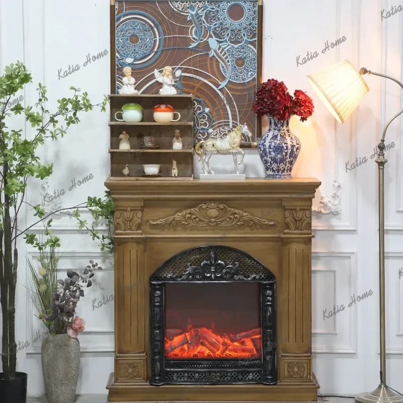 LD Light Luxury Solid Wood Living Room Cabinets French Simulated Fire Heating Fireplace Carved Decoration Furniture