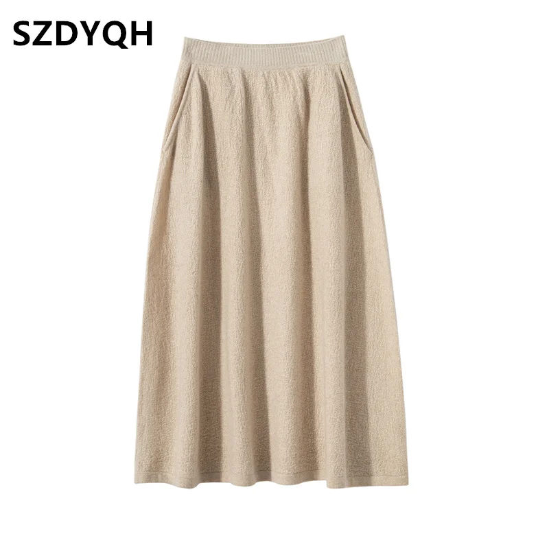 High-end 2023 Autumn and Winter New 100% Cashmere Skirt Women\'s High Waist Skirt Female Fashion Solid Color A Word Knit Skirts