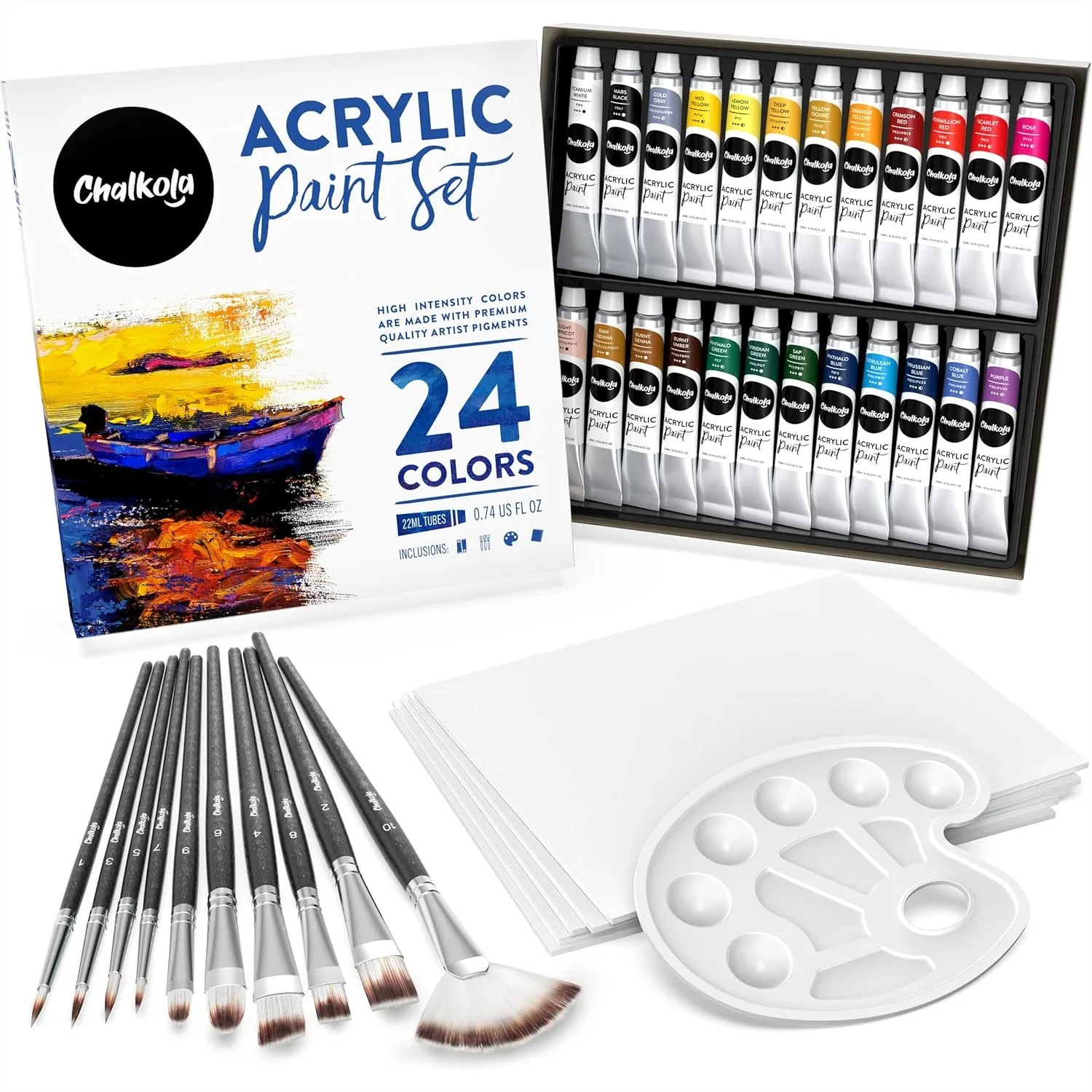 

Acrylic Paint Set for Adults, 24 Colors 22ml Tubes with 10 Brushes, 5 Canvases 8x10 & Palette, Non Toxic Art Supplies