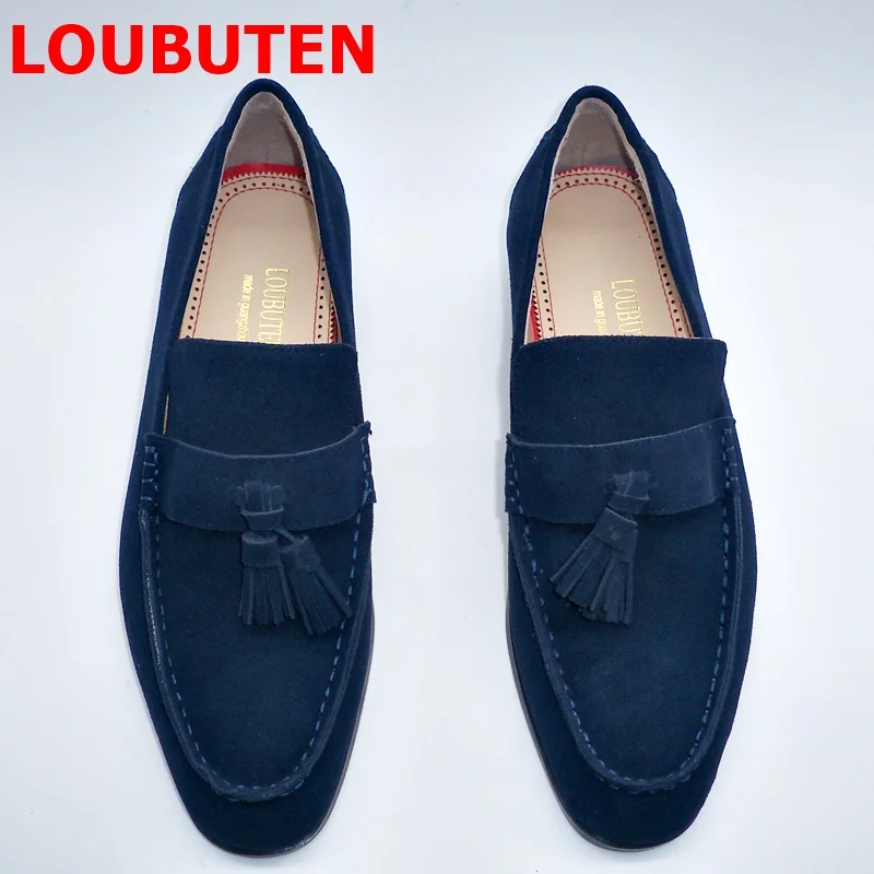 LOUBUTEN Dark Blue Suede Genuine Leather Tassel Loafers Shoes For Men Moccasins Slip On Men's Flats Boat Shoes Casual Shoes