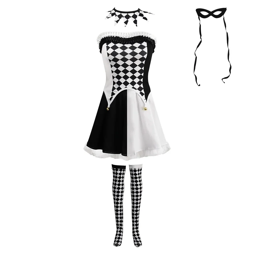 Women Checked Vampire Clown Devil Black and White Witch Ghost Bride Dress with Socks Halloween Costume Funny Joker Circus