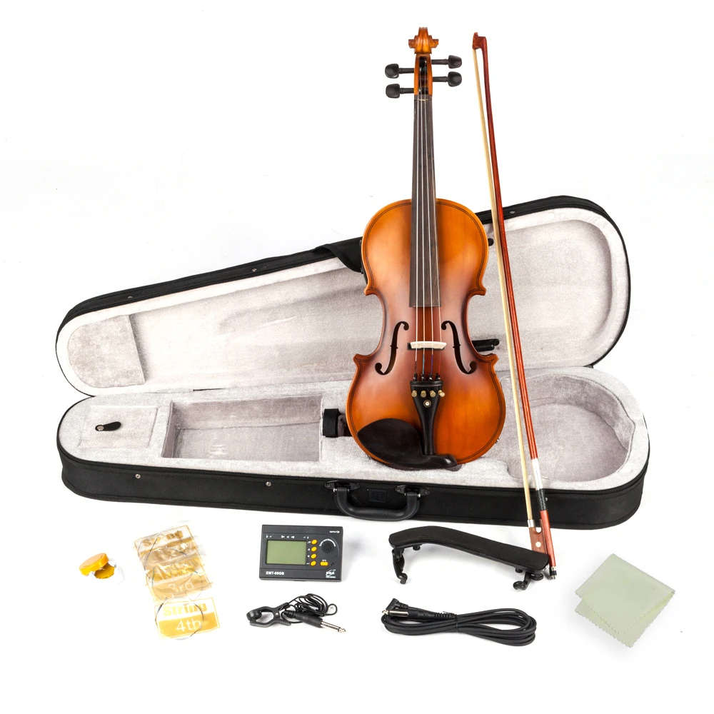 Glarry 4/4 Solid Wood EQ Violin Case Bow Violin Strings Shoulder Rest Electronic Tuner Connecting Wire Cloth Matte