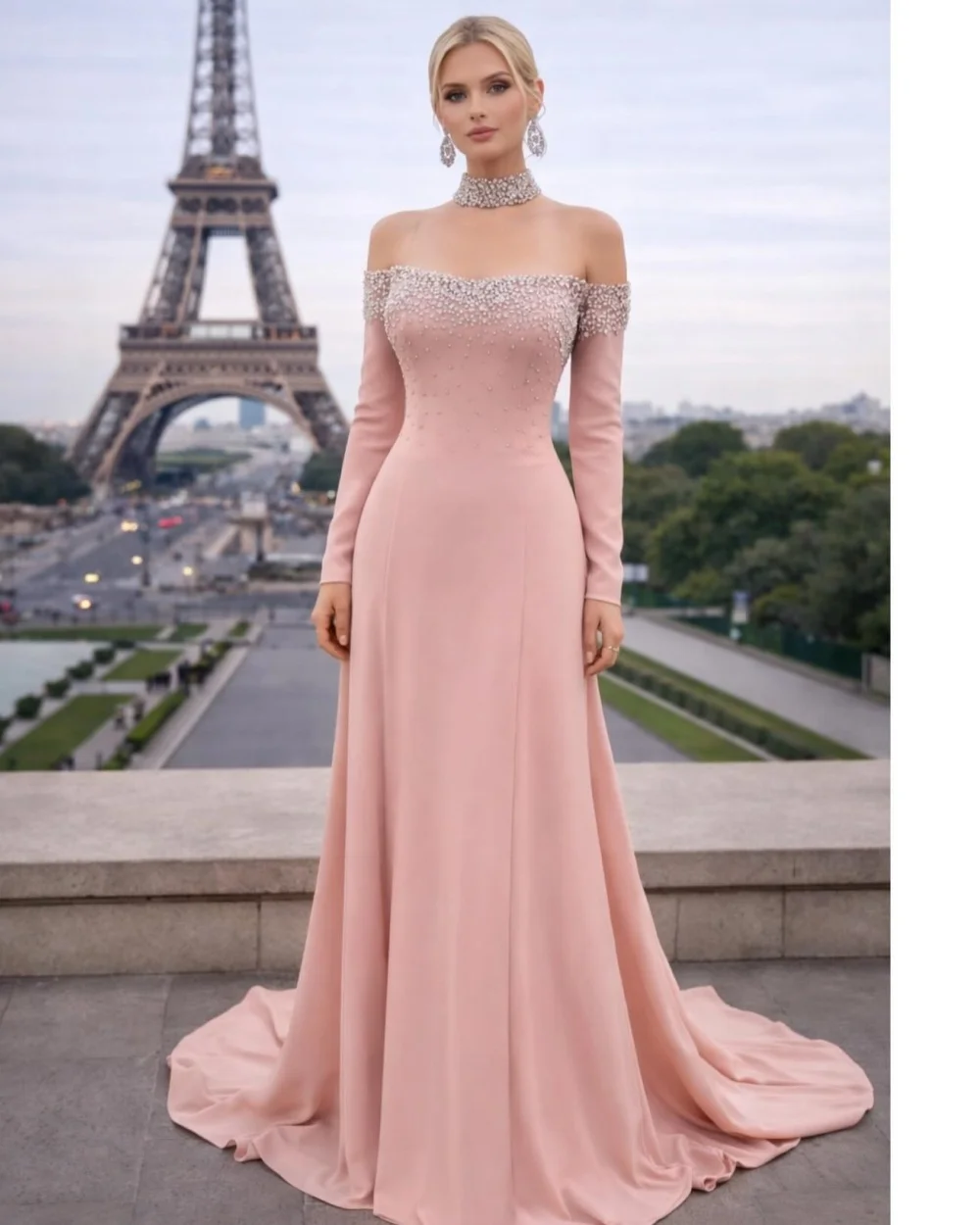 

Customized Exquisite Women Jersey Rhinestone Ruched A-line Evening Dresses Fashion Off-the-shoulder Floor Lenght Prom Dresses