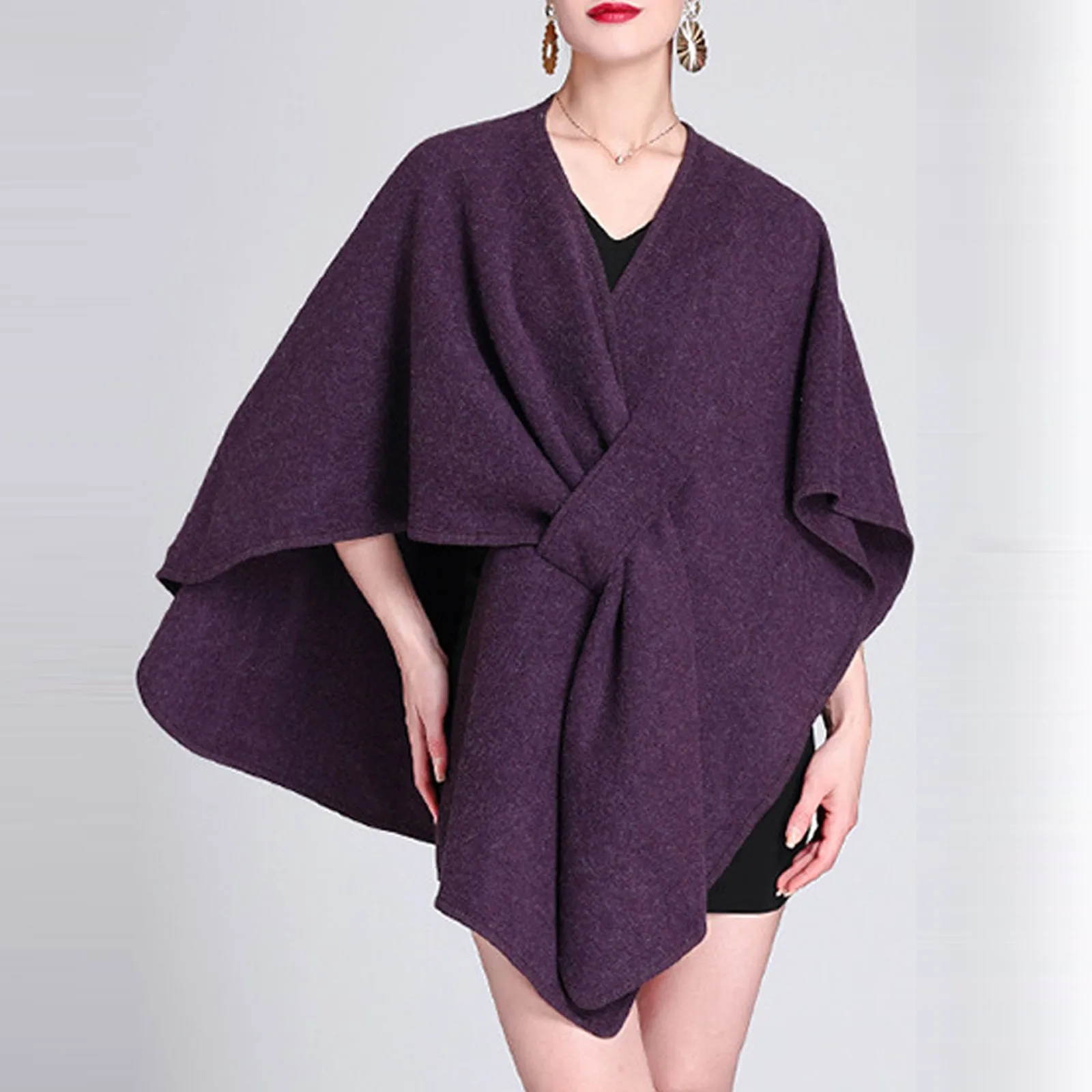 Fashion Side Strap Soft Wool Blends Poncho Cape Coat Autumn Winter Women Cardigan Shawl Cloak Large Size Cardigan Woolen Coat