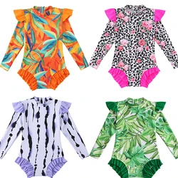 Summer Girls Clothes Children Swimwear Fruit Palm Leaves Print Zipper Ruffles Bodysuits Swimsuits Bathing Suits Swmming Clothing