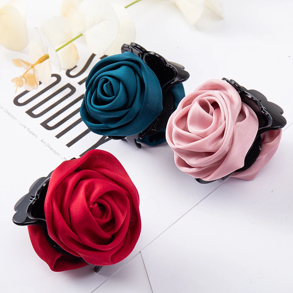 Pinzas para el pelo con flores rosas para mujer, horquilla de sujeción de cola de caballo de cangrejo, pinzas dentadas decorativas para el cabello, accesorios para el cabello, tocado de moda