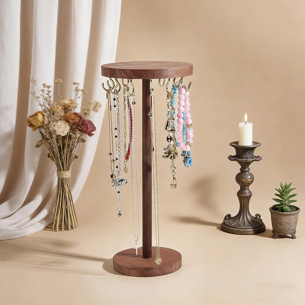 Wooden Rotating Necklace Holder, Rustic Wood Jewelry Display Stand Jewelry Organizer Golden Metal Hooks for Shows Necklaces