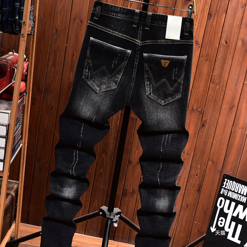 Korean style trendy street jeans for men, slim fit small leg elastic denim straight tube retro long pants