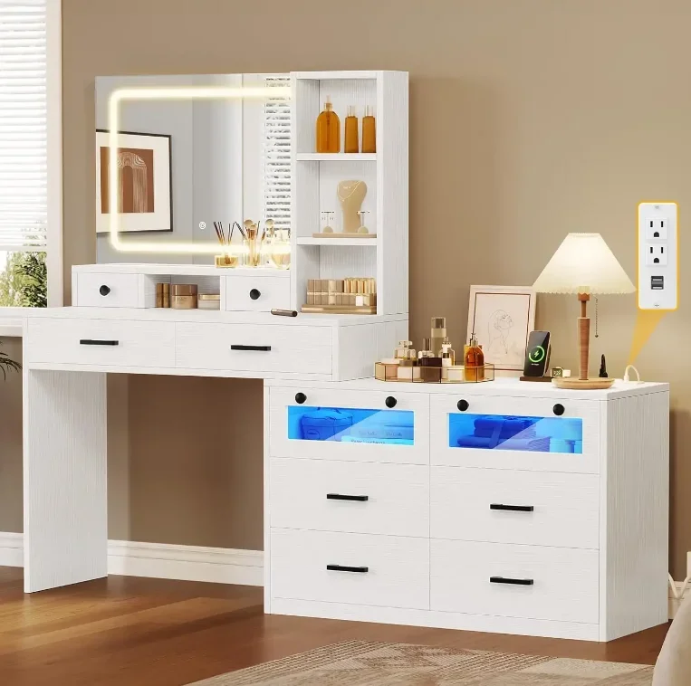 

Desk with Mirror and Lights Modern European Drawers Storage Bedroom Furniture Nordic White Vanity Makeup Dressing Table