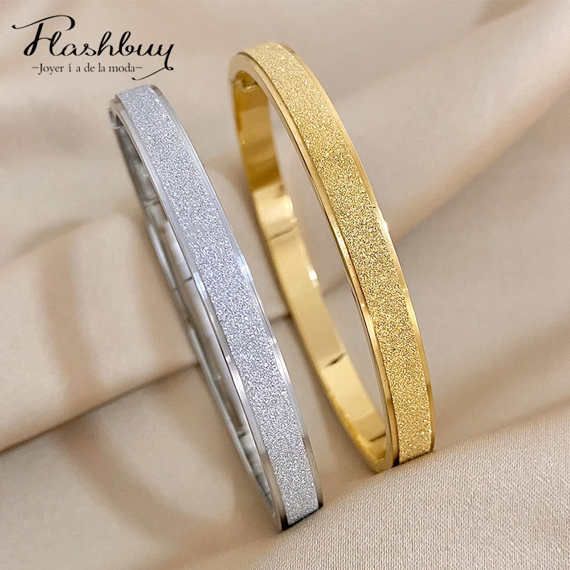 Flashbuy Trendy Gold Color Frosted Stainless Steel Bangles Bracelets for Women Statement 18K Waterproof Jewelry