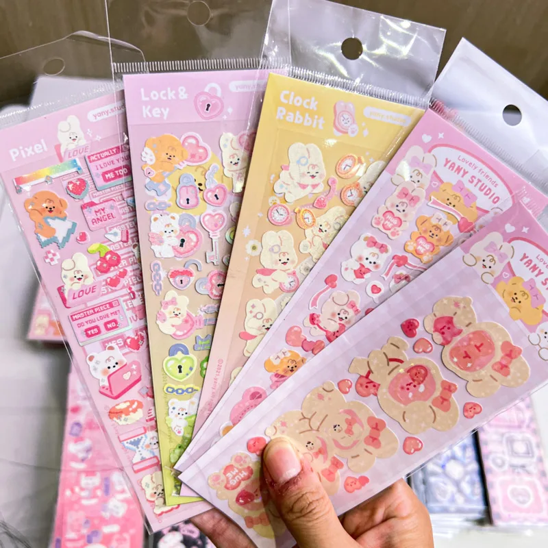 Kawaii Full Set Ins Dos Desenhos Animados Laser Adesivos, Gato, Coelho, Deco, Notebook, Álbum de fotos, Scrapbooking, Papelaria, Adesivo Suprimentos, 3 Pcs, 4 Pcs, 5Pcs