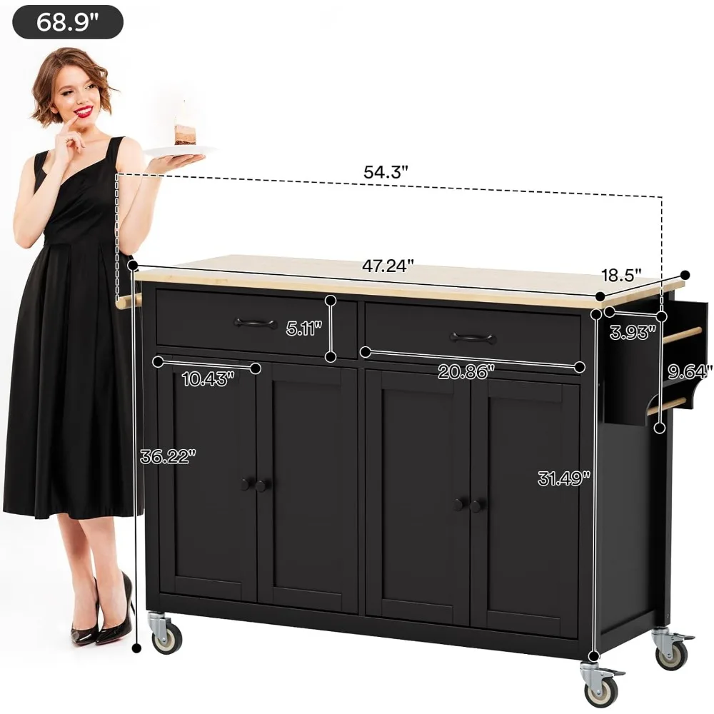 Rolling Kitchen Island on Wheels Large Portable Mobile Moveable Black Kitchen Island Wood 54 in Width with Storage Drawers