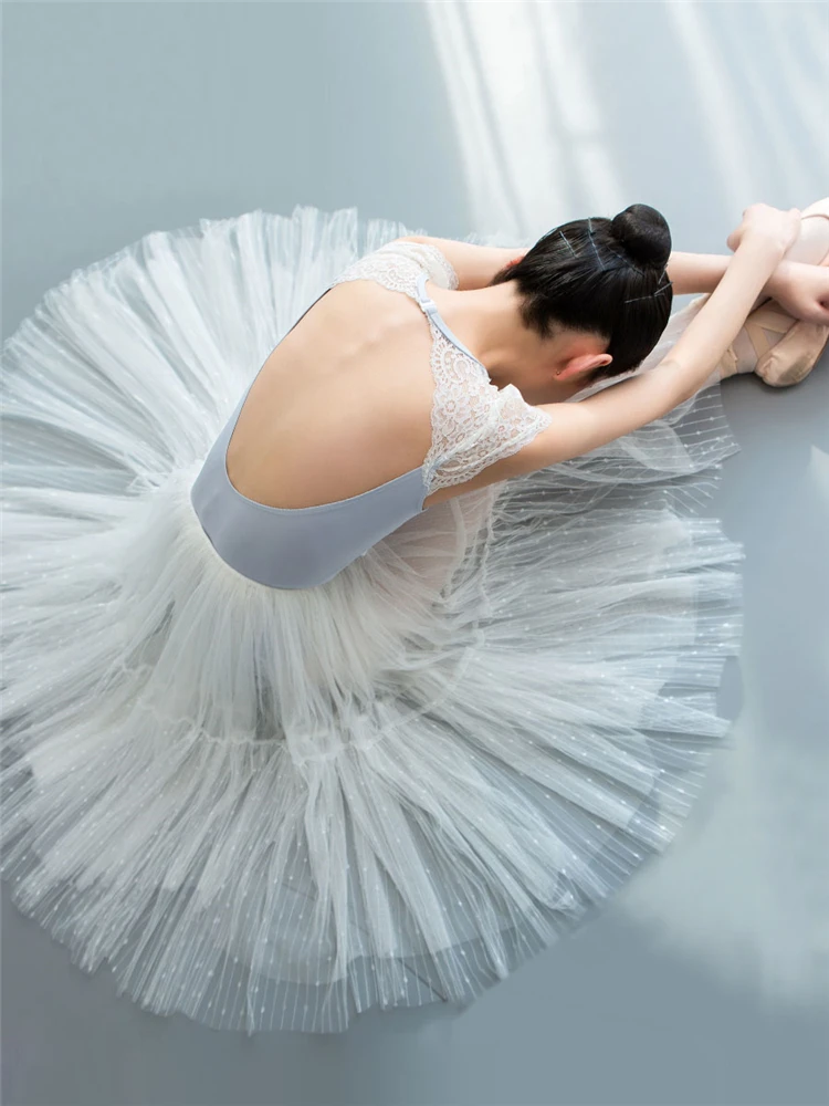 Justaucorps de Ballet à manches courtes en dentelle, costume de compétition professionnelle, dos découpé, vêtements de ballerine