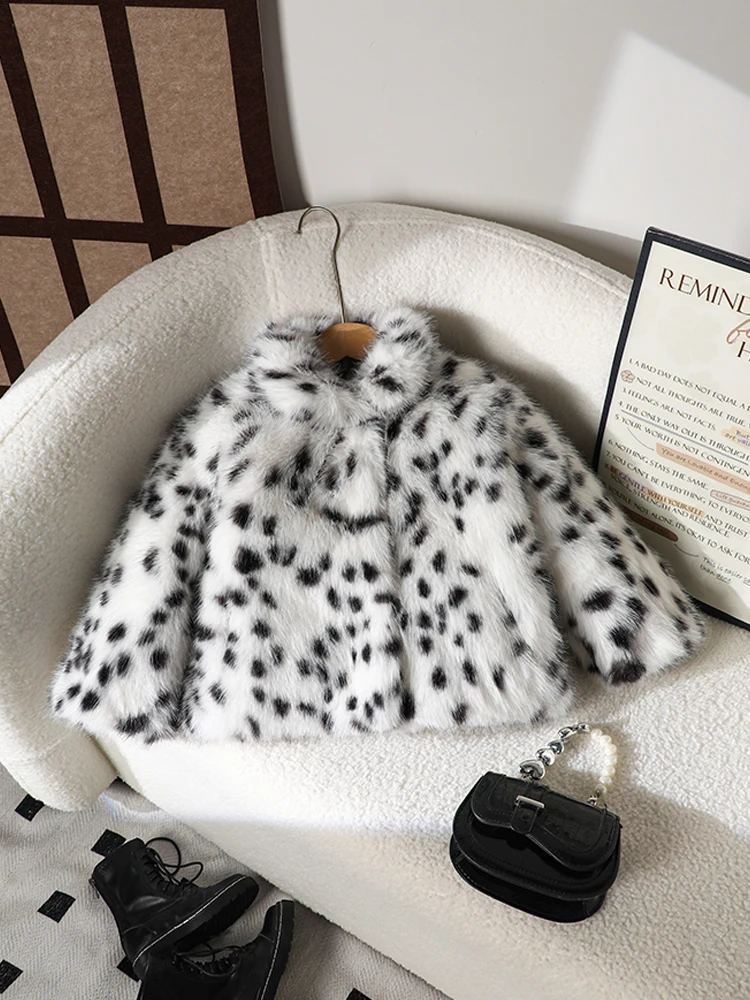 Chaqueta de cuello alto para niños, hecha a mano, de piel sintética de conejo con estampado de leopardo, color blanco rojizo, abrigo de piel sintética ecológico, abrigo de piel sintética grueso, estilo moderno y versátil para otoño e invierno, nuevo estil