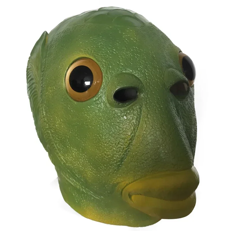 Weird Green Fish Mask Latex Green Fish Headgear Party Horror Spoof Funny Mask Cosplay Halloween Event Cosplay Props