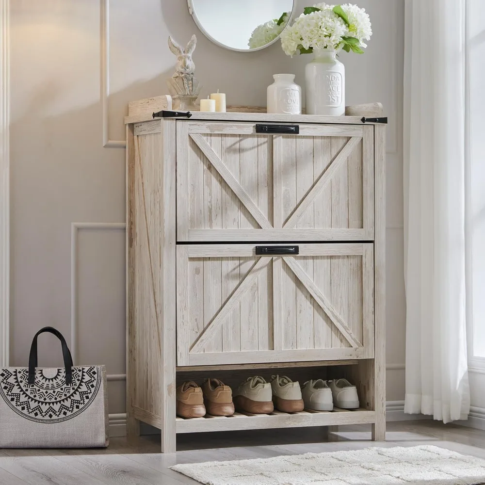 

Shoe Cabinet with 2 Flip Drawers, Free Standing Wooden Shoe Storage Organizer, Farmhouse Slim Shoe Organizer for Entryway, Livi