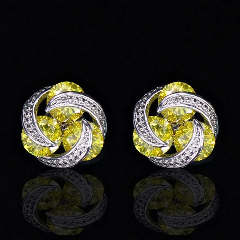 Luxury Silver Color Twist Pink Yellow Multicolor Mosaic Zircon Stud Earrings for Women Girls Gift Oorbellen Pendientes