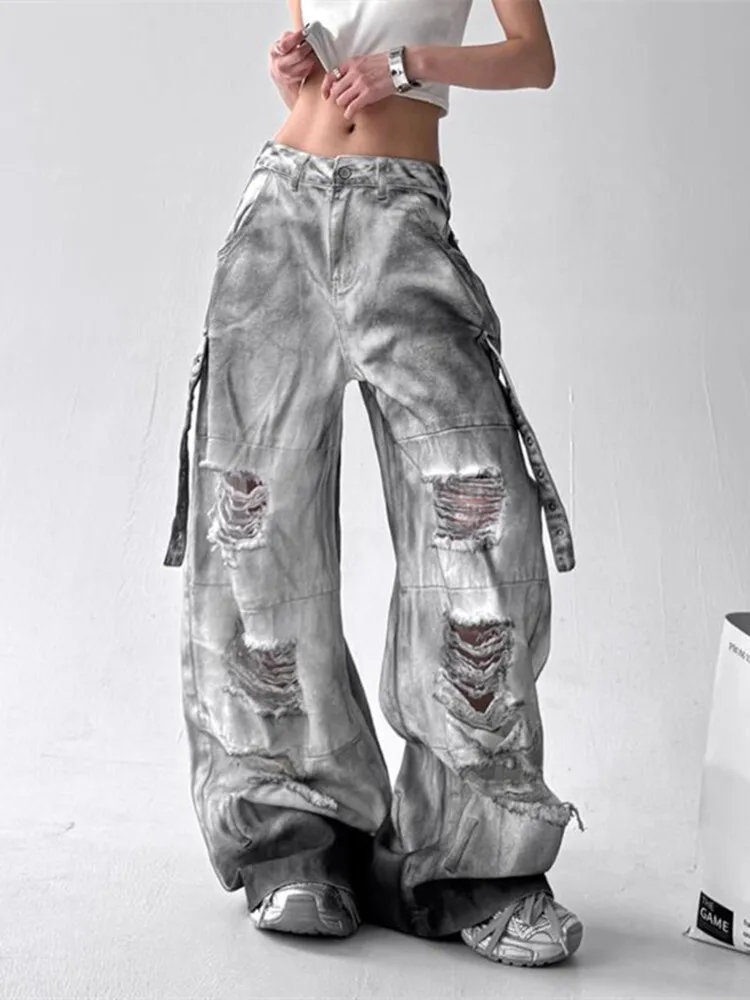 

Women Jeans Pants American High Street Ripped Straight Wide-Leg Jeans For Women Unique Design Tie-Dye Jazz Dance Cargo