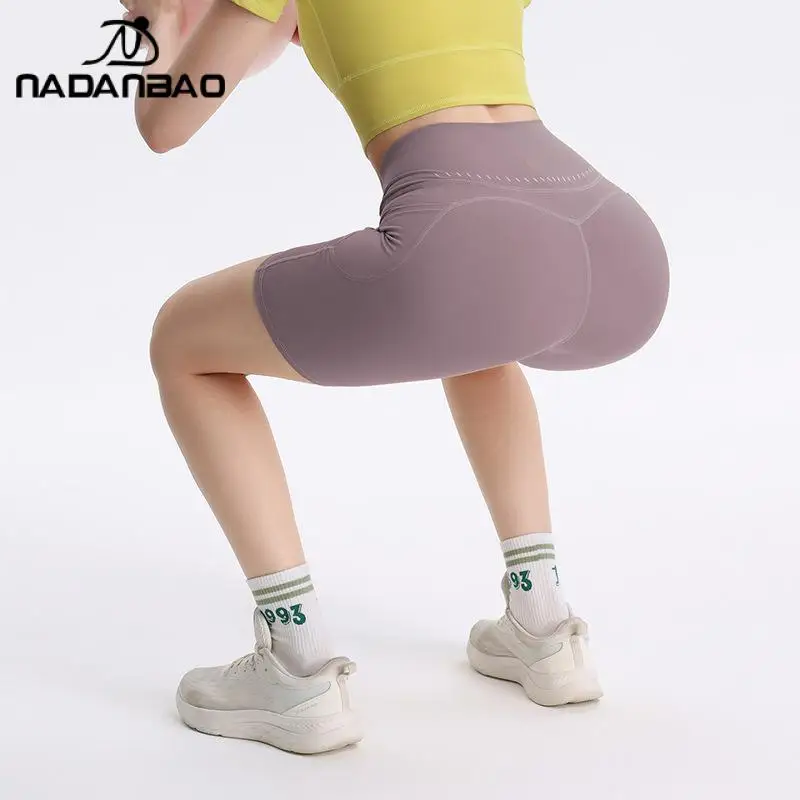 Nadanbao Women's Summer Five-Point Pants with Pocket High Waist Soft Yoga Short Peach Hip-Lifting Trousers Riding Sports Shorts