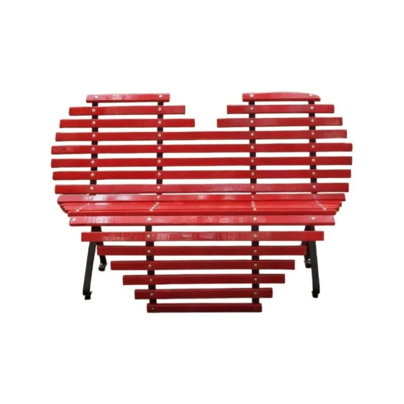 Red heart-shaped outdoor lounge chair, striped bench, park attraction courtyard decoration romantic atmosphere chair