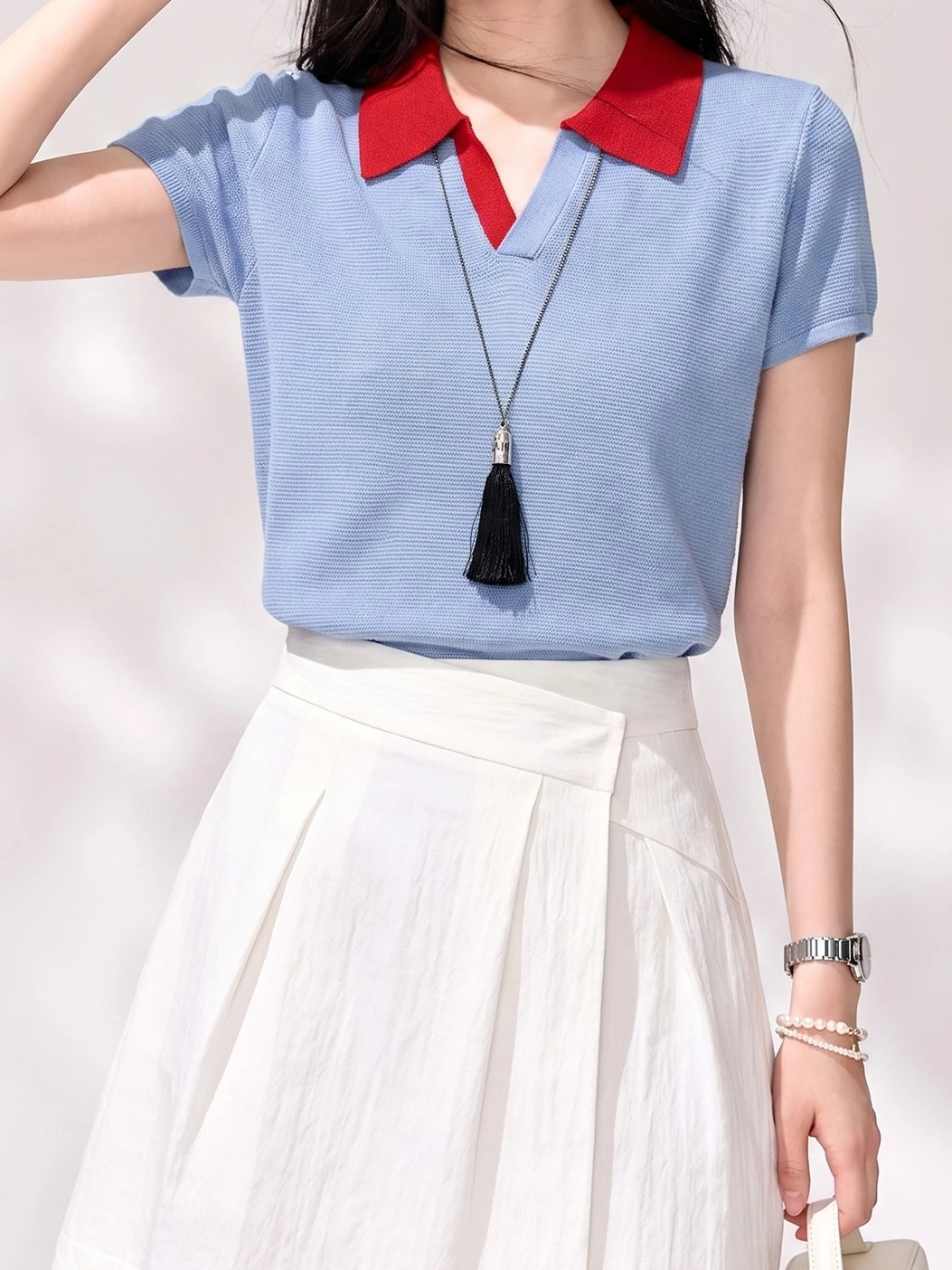 Retro Color-block Polo Half-Placket Red V-Neck Short Sleeve T-Shirt Women's Slim Fit Summer New Casual Commuter Versatile Top