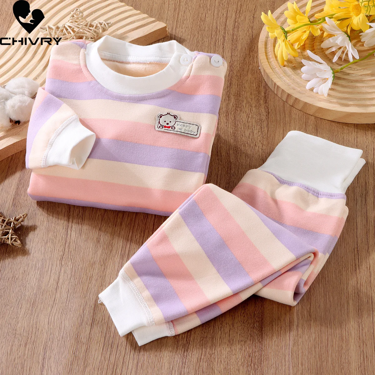 New 2023 Autumn Winter Kids Pajamas Baby Boys Girls Striped Thicken High Waist Warm Clothing Sets Toddler Pyjamas Sleepwear