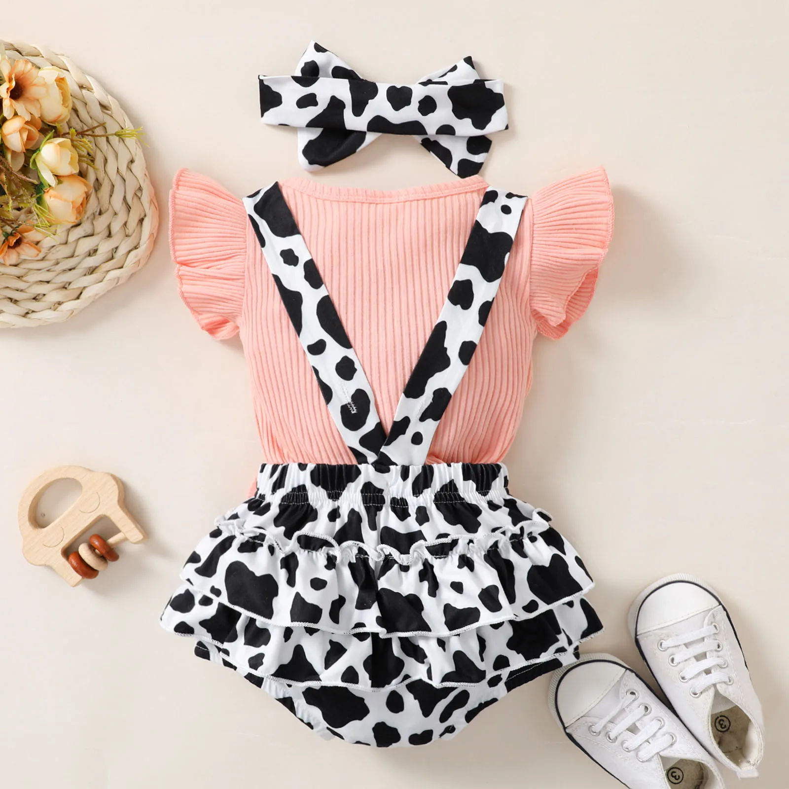 Newborn Baby Clothes Girls 3 to 24 Months 2023 Summer Fly Sleeve Ribbed Top+Bowknot Suspenders Shorts+Headband 3PCS Outfits Sets