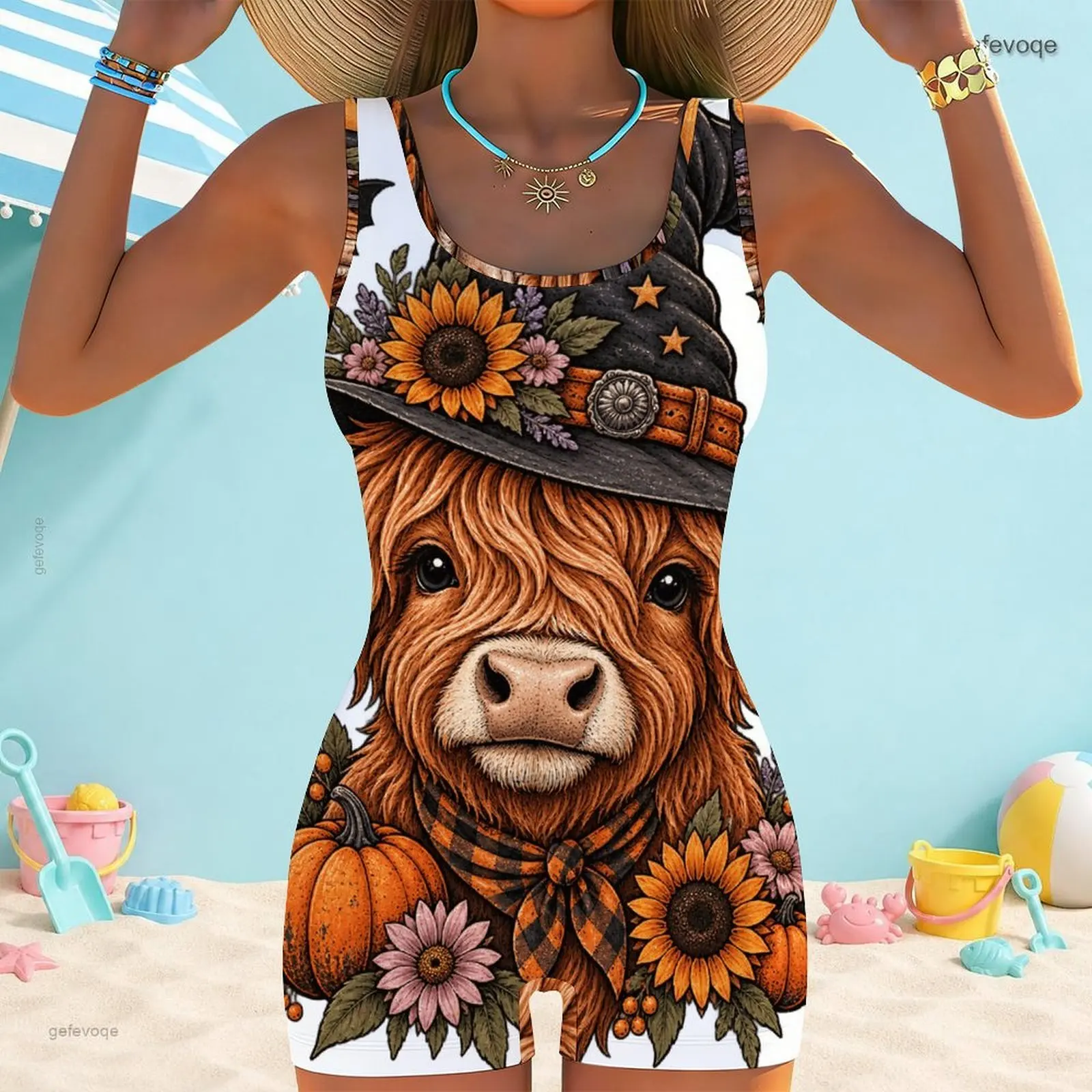 Printed Swimsuit for Women Square Neck Wide Straps One Piece Boyshort Leg