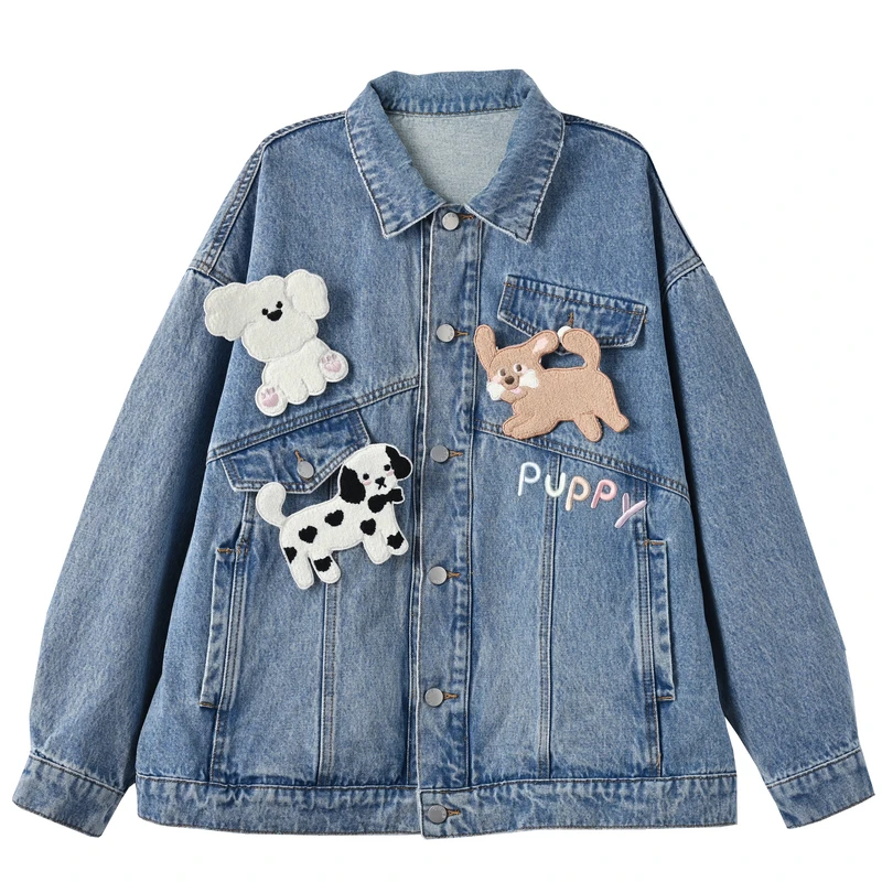 2025 Spring and Autumn New Loose Cute Style Cartoon Embroidered Blue Turn-Down Collar Long Sleeve Denim Jacket White Sweet Shirt