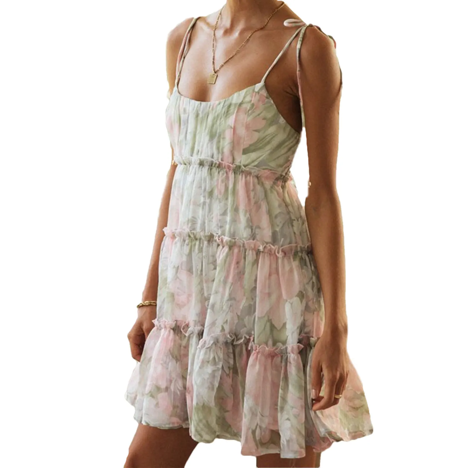 

Women’s Fashion Floral Suspender Dress Sexy Square Collar Lace-Up Large Swing Ruffles Short Dress