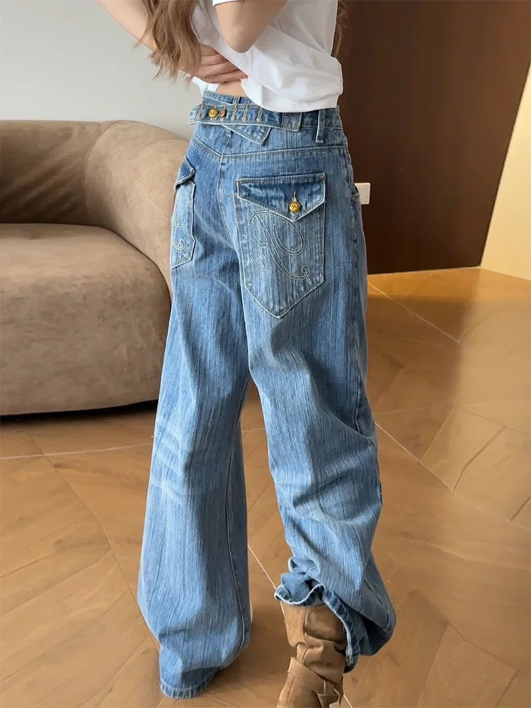 

plus Size American Retro Paris Button Loose Wide Leg Jeans Women High Street Versatile Slimming Trendy Casual Straight Leg Pants