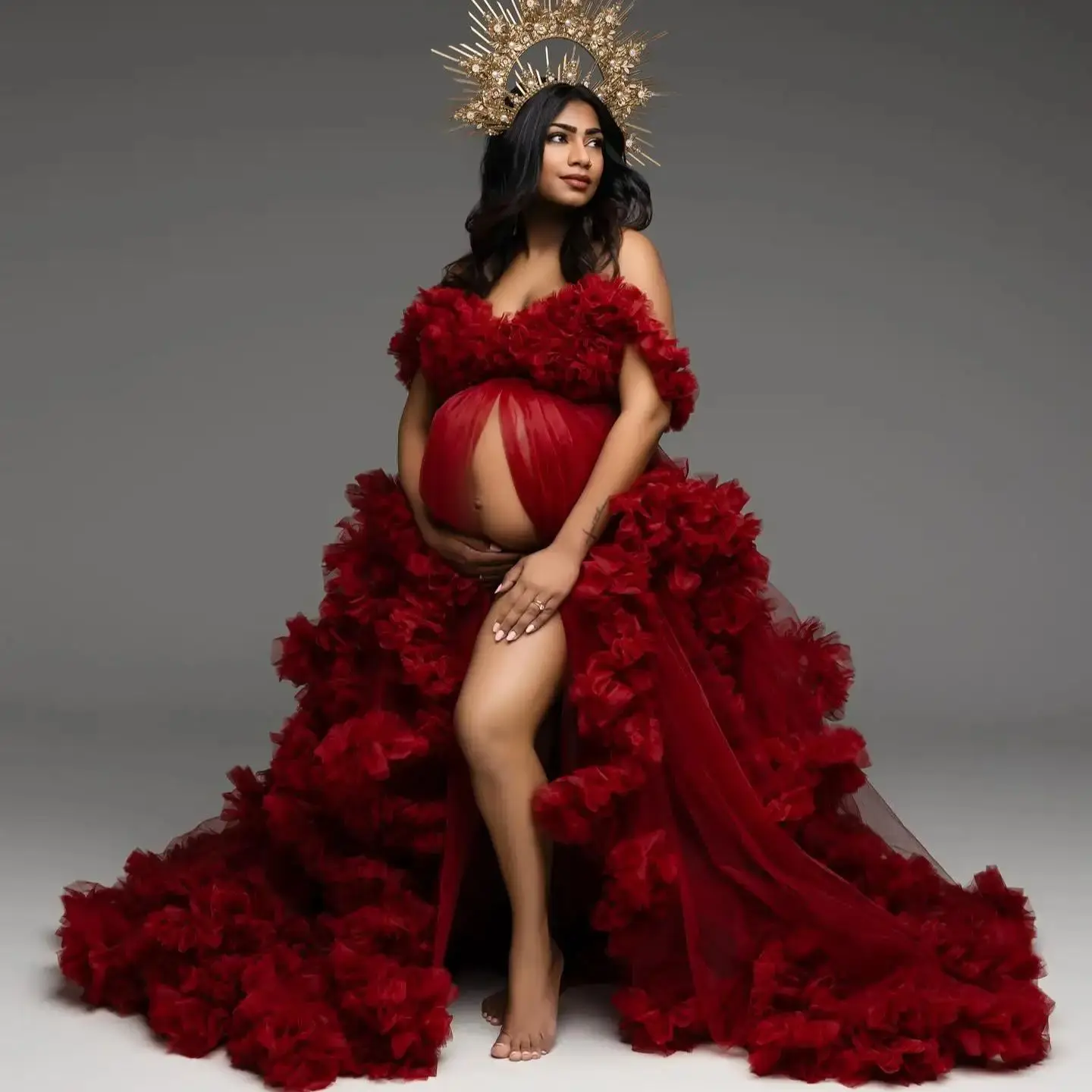 Ciemnoczerwone suknie balowe sesja zdjęciowa luksusowa szata z falbanką na Baby Shower dostosowana wielowarstwowa elegancka bielizna ślubna Vestido de Novia